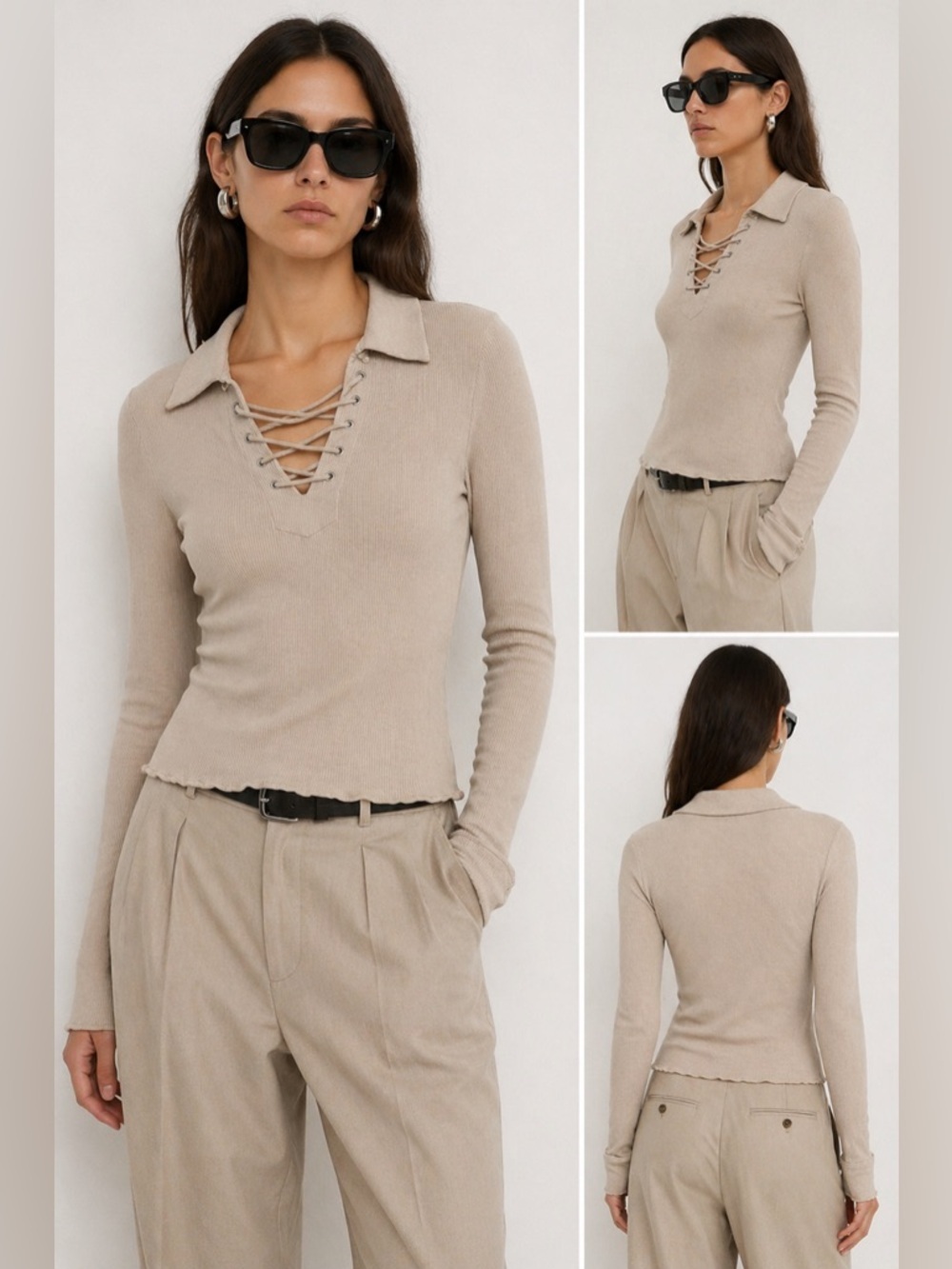 Acne Studios Beige Lace-Up Ribbed Long Sleeve Top Women’s Size S Slim Fit